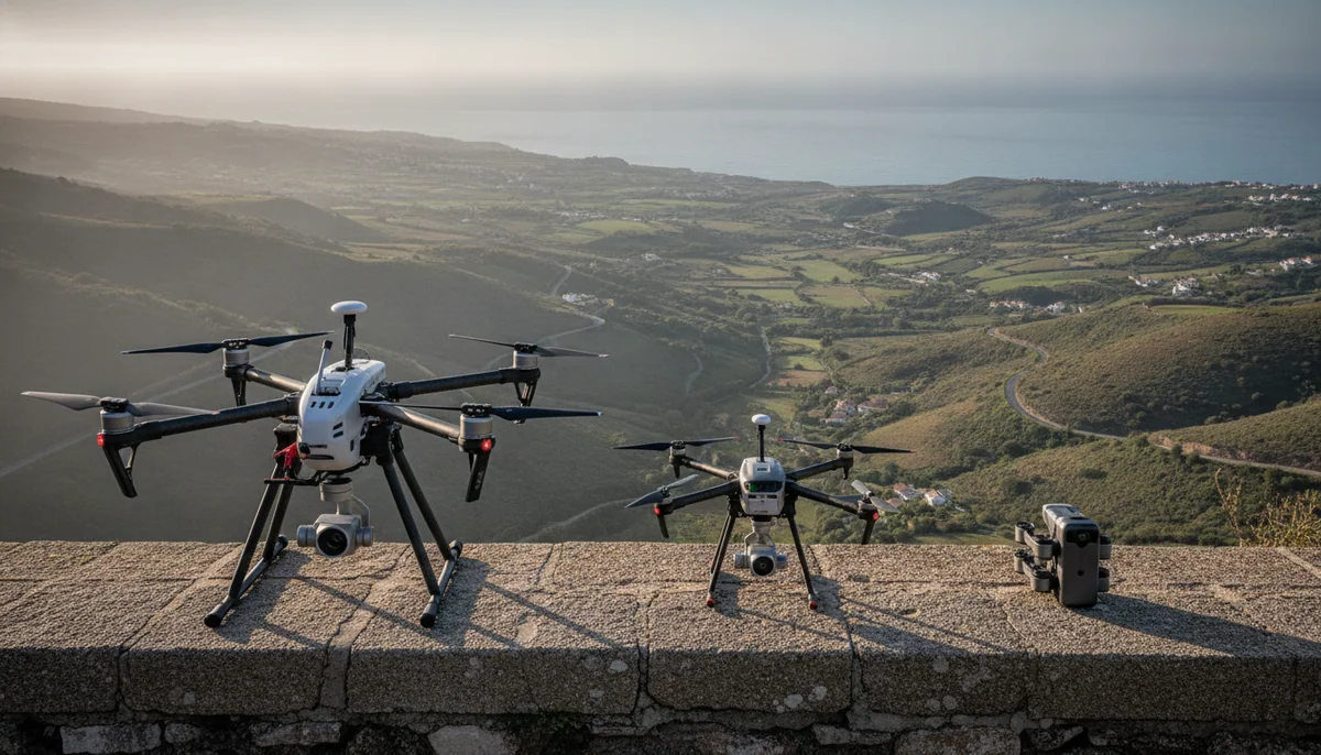 Three camera drones of different sizes lined up along a low wall overlooking a coastal valley, each with its gimbal camera facing the same direction