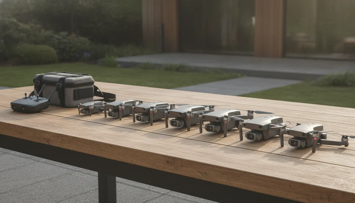 A row of folding camera drones arranged by size on a wide wooden table outdoors with a controller and carrying case at one end