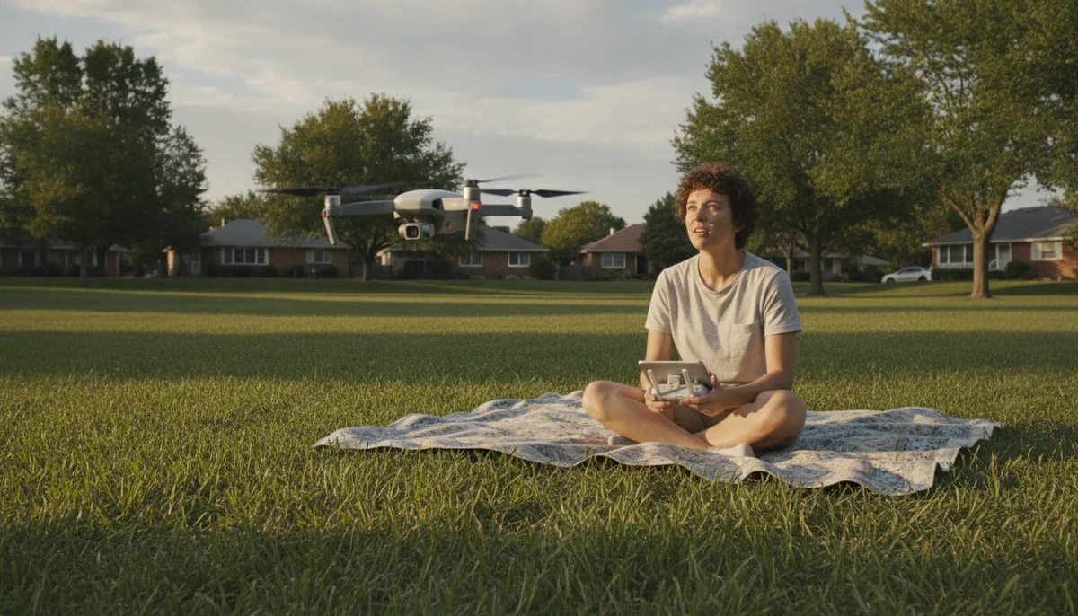 An affordable beginner camera drone hovering low over a suburban park lawn with a person watching from a picnic blanket nearby