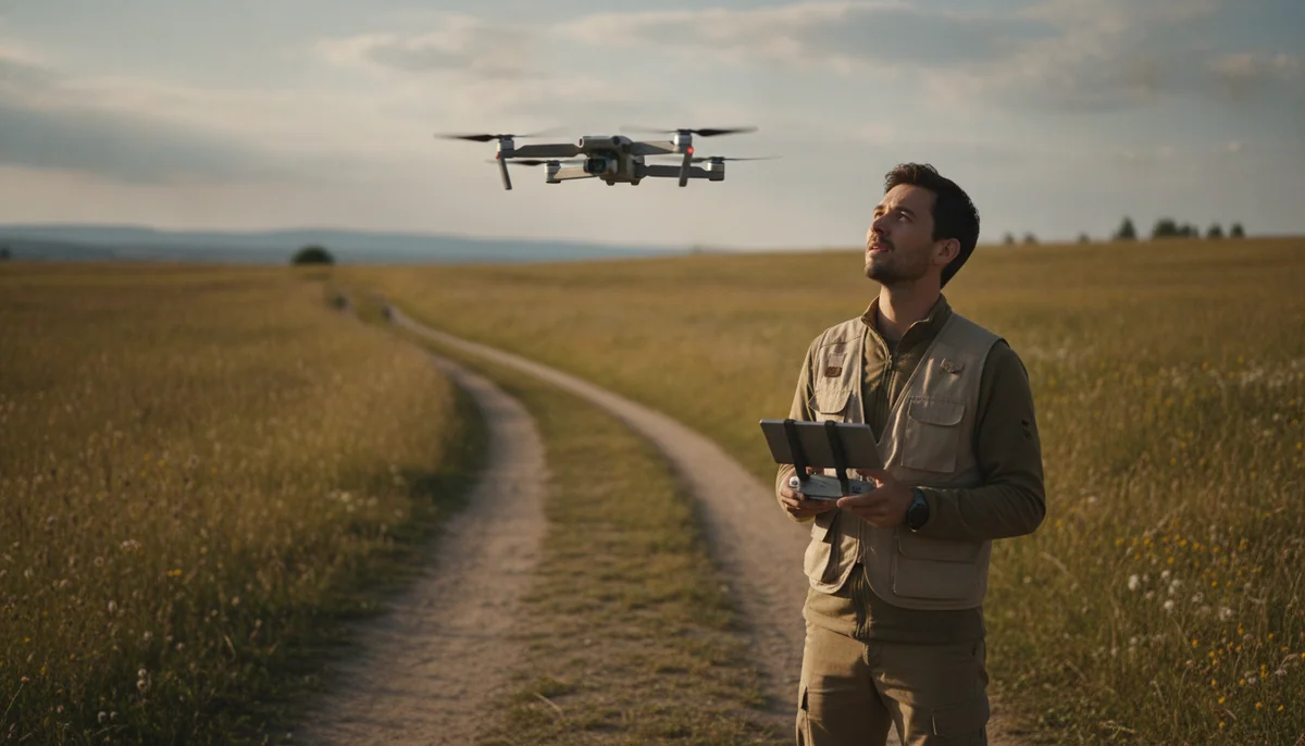 A very small folding drone hovering at head height above a field path while a person holds the controller and looks up