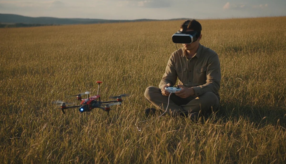 An open field with a person seated wearing video goggles and holding a game-style controller while a small racing drone hovers a short distance ahead