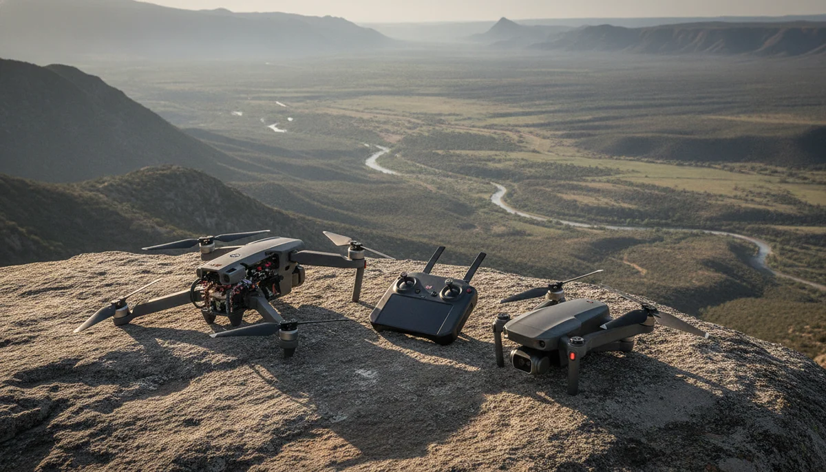 A mid-size folding drone and a smaller lightweight folding drone side by side on a rock ledge above a valley with one controller between them