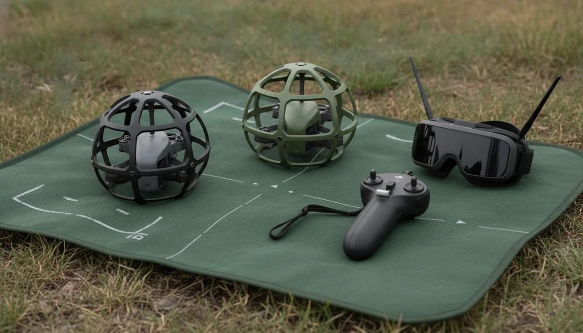 Two caged FPV drones on a field mat with a pair of video goggles and a motion controller beside them