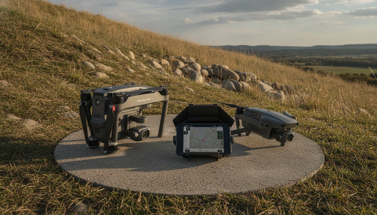 A large professional folding drone and a mid-size folding drone side by side on a hillside landing pad with a screened controller between them