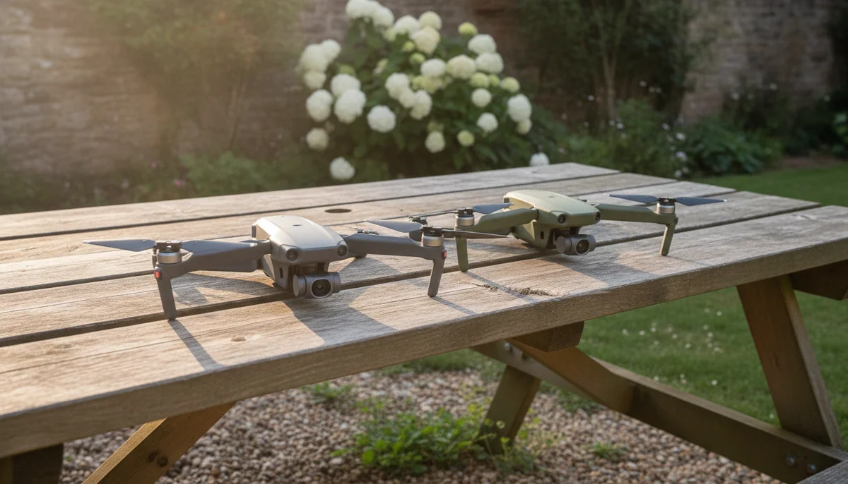 Two small folding drones of nearly identical size on a wooden table in a back garden with their arms extended