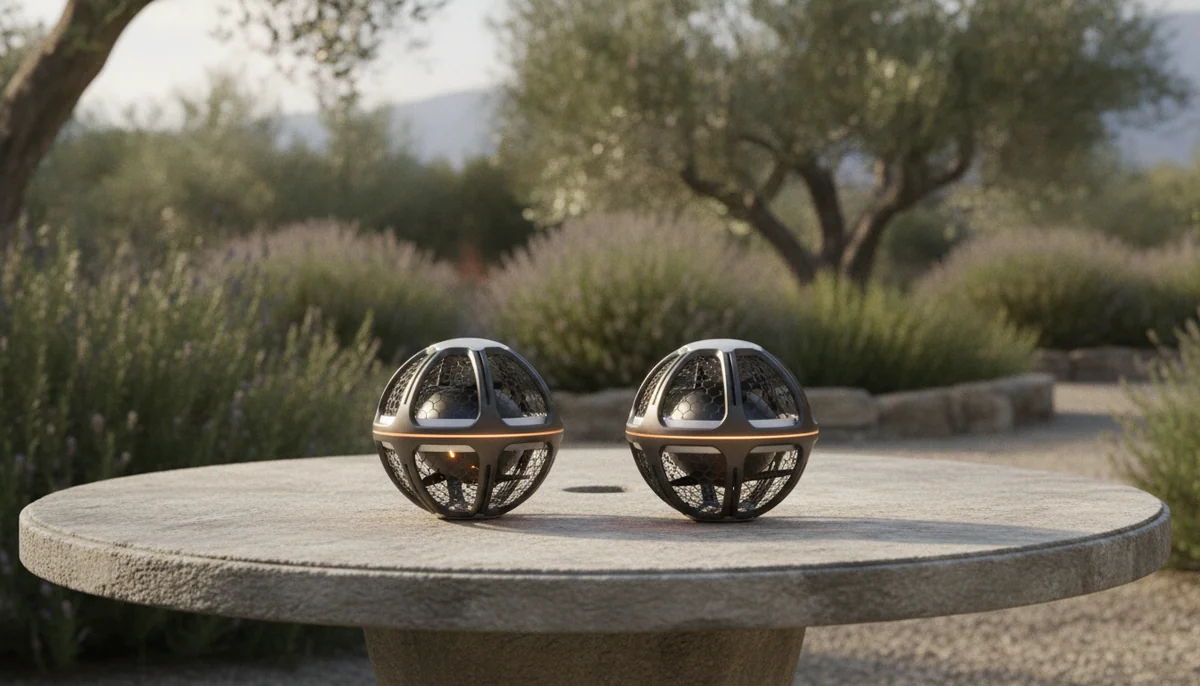 Two small self-flying drones with caged propellers sitting side by side on an outdoor table in a garden
