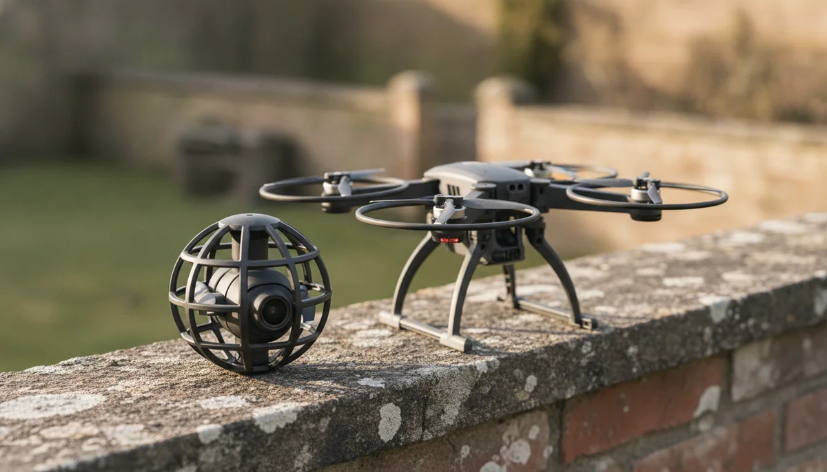 A small caged selfie drone and a larger folding drone with ring-guarded propellers standing together on a low wall outdoors