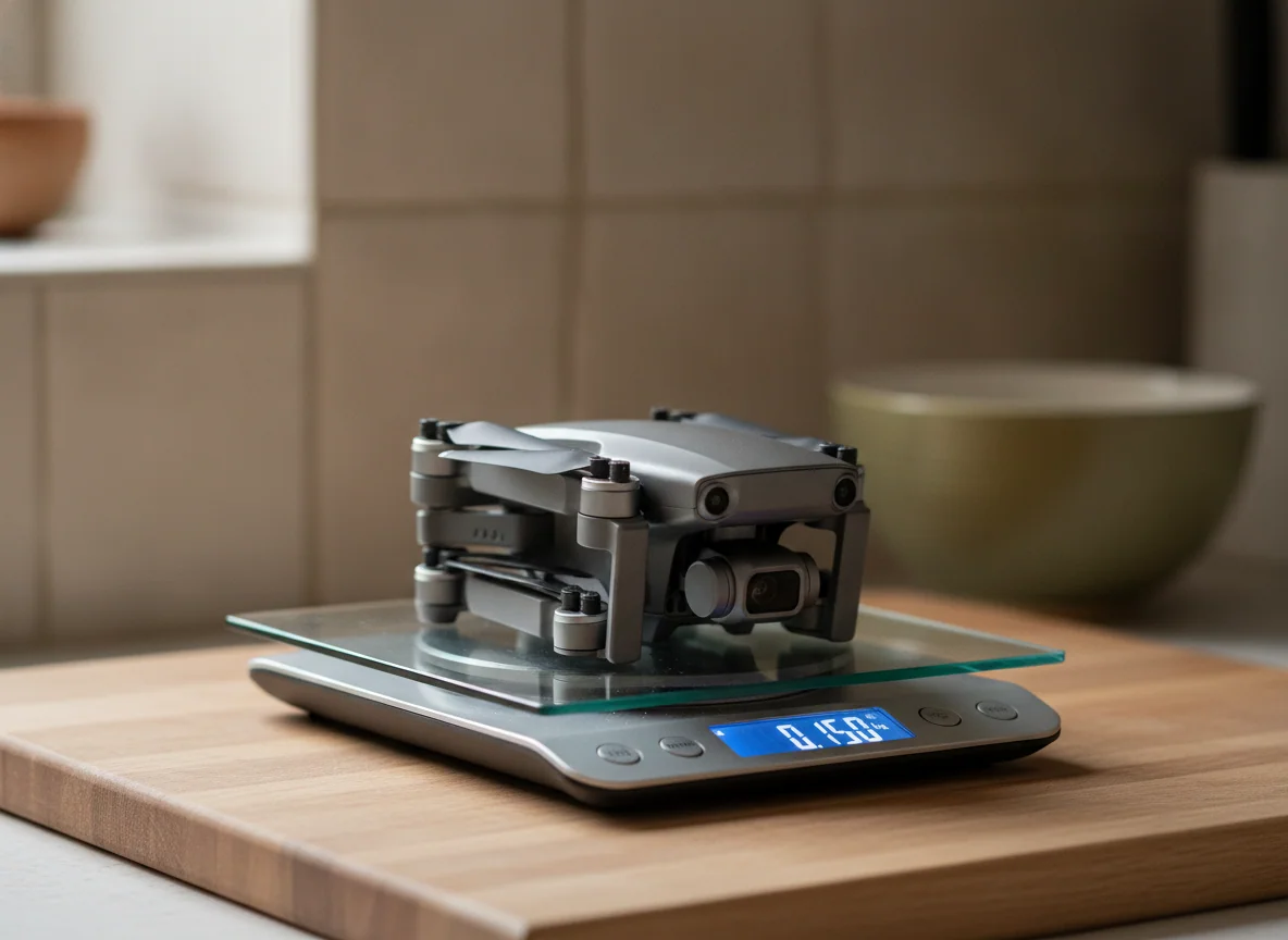 A tiny folding drone sitting on a kitchen scale showing a low reading, arms folded, propellers tucked in