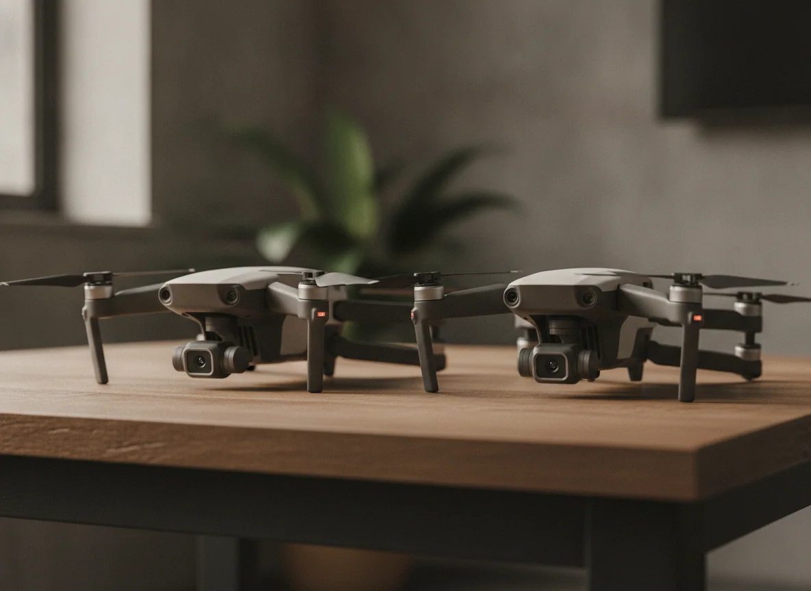 Two lightweight drones side by side with their gimbals tilted down toward the table