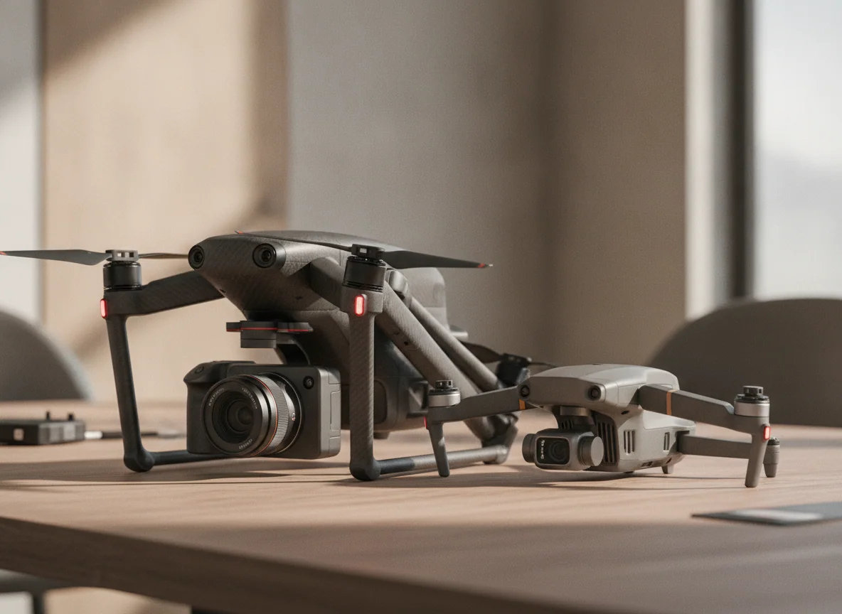 Two drones close together on a table, one clearly larger with a full gimbal camera underneath