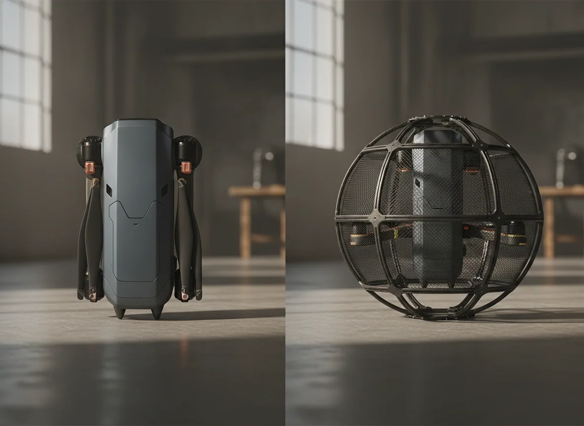 Two drones side by side with one folded flat and the other fully caged, showing their guard designs