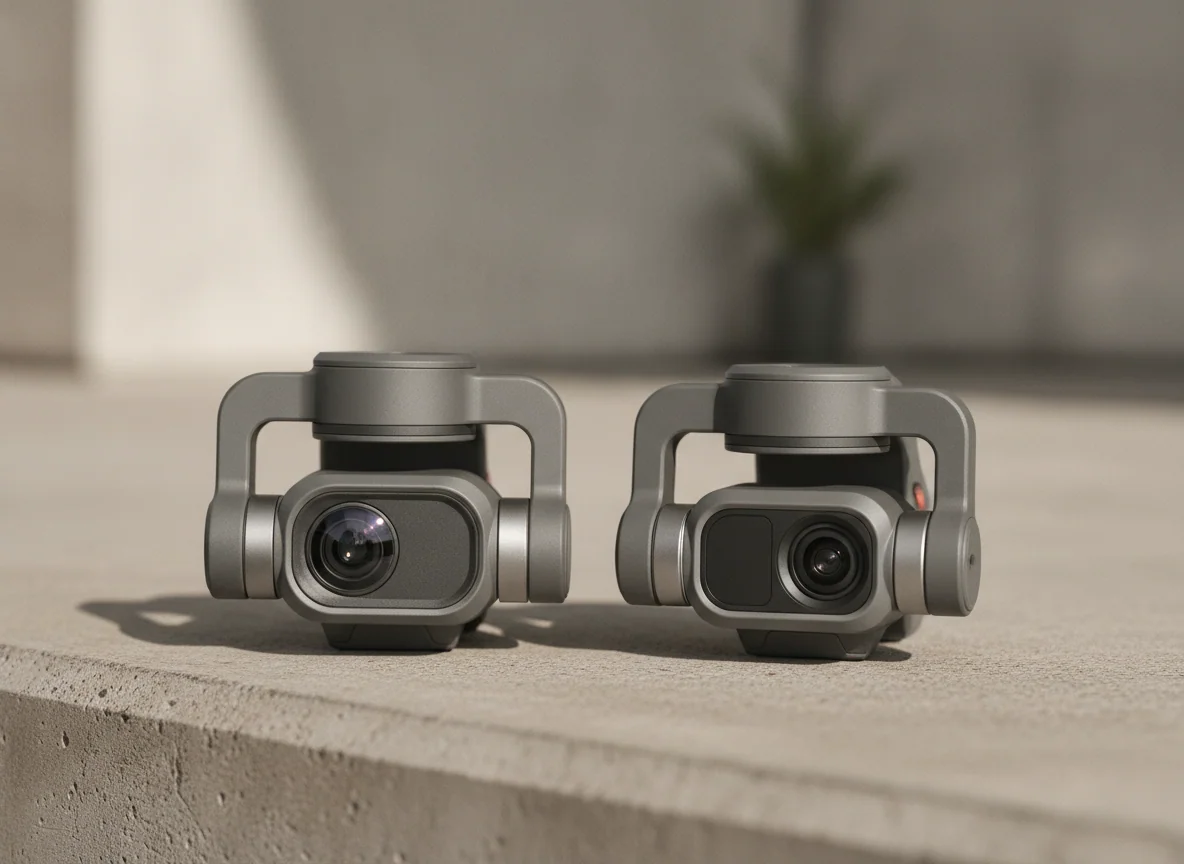 Two compact drone gimbals close together, one with a wider lens opening than the other