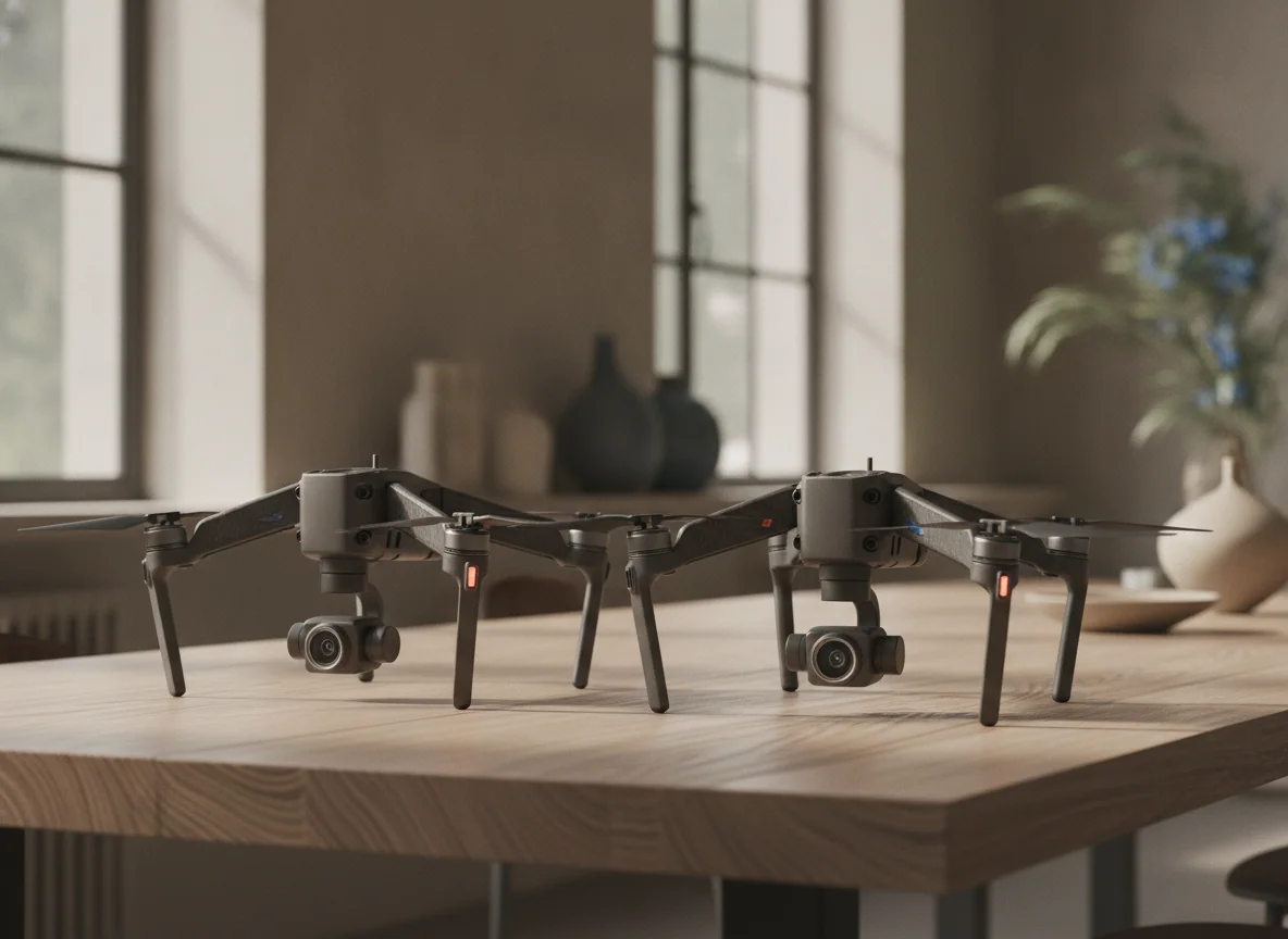 Two lightweight drones side by side with their gimbals tilted down toward the table