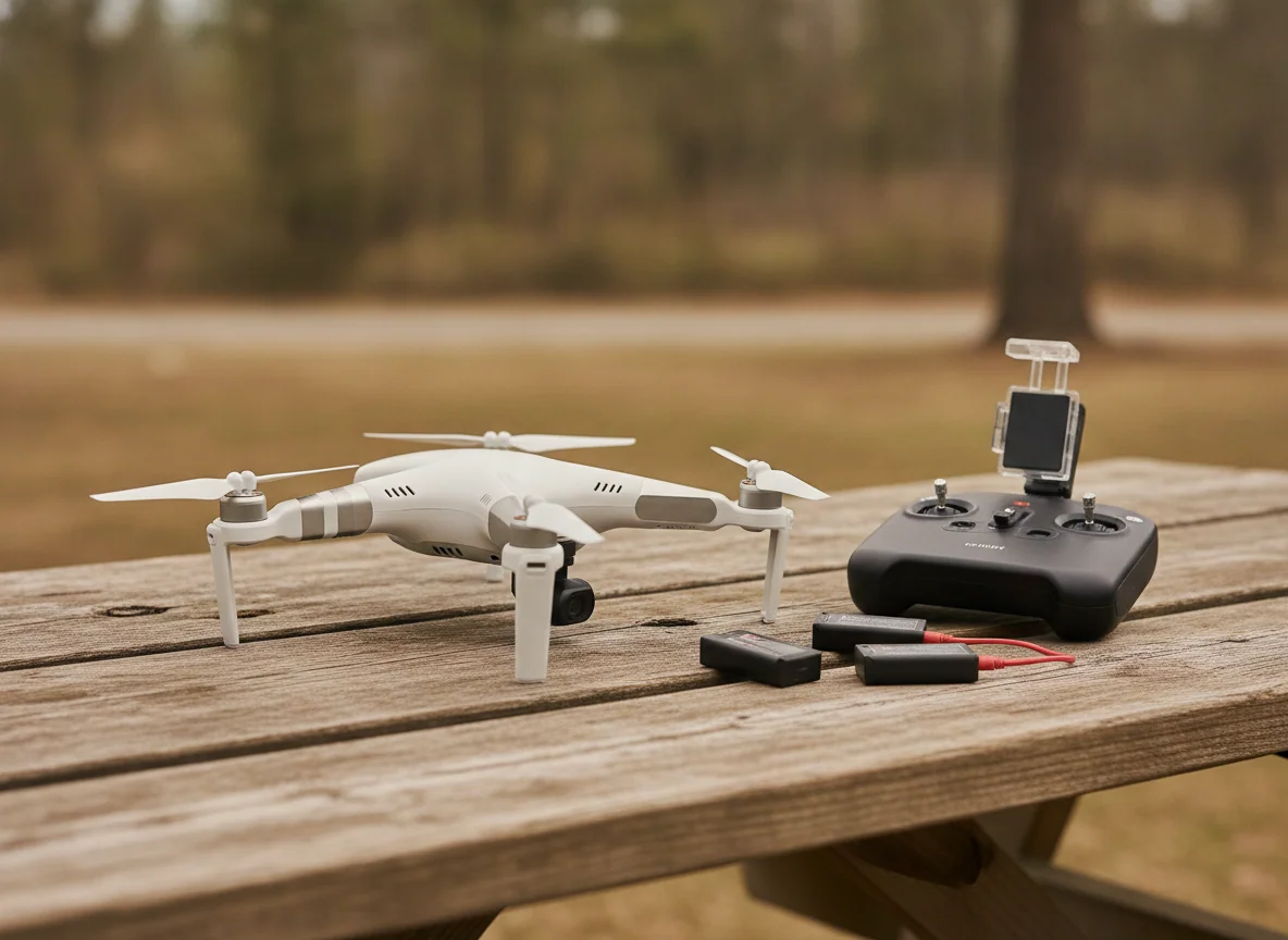 A budget drone and its plastic controller laid out on a picnic table with two small batteries and a phone clip