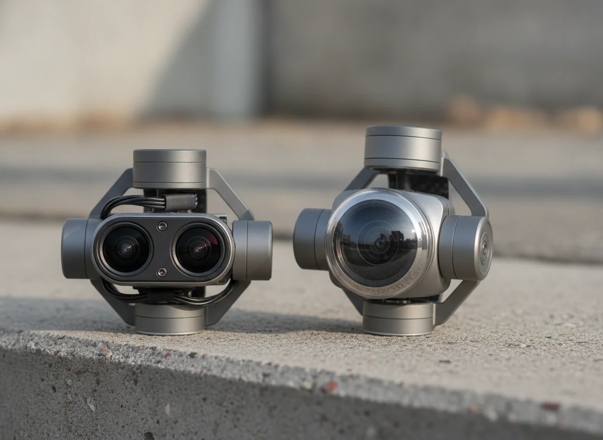 The camera assemblies of two drones photographed close, one with two lenses and one with a single larger lens