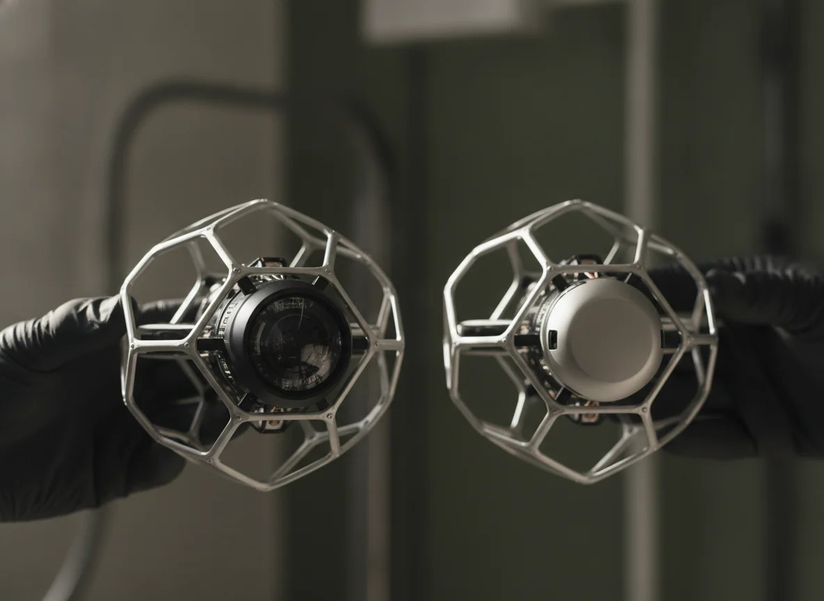 Two palm-sized caged drones held up together, one with a visible sensor on its nose