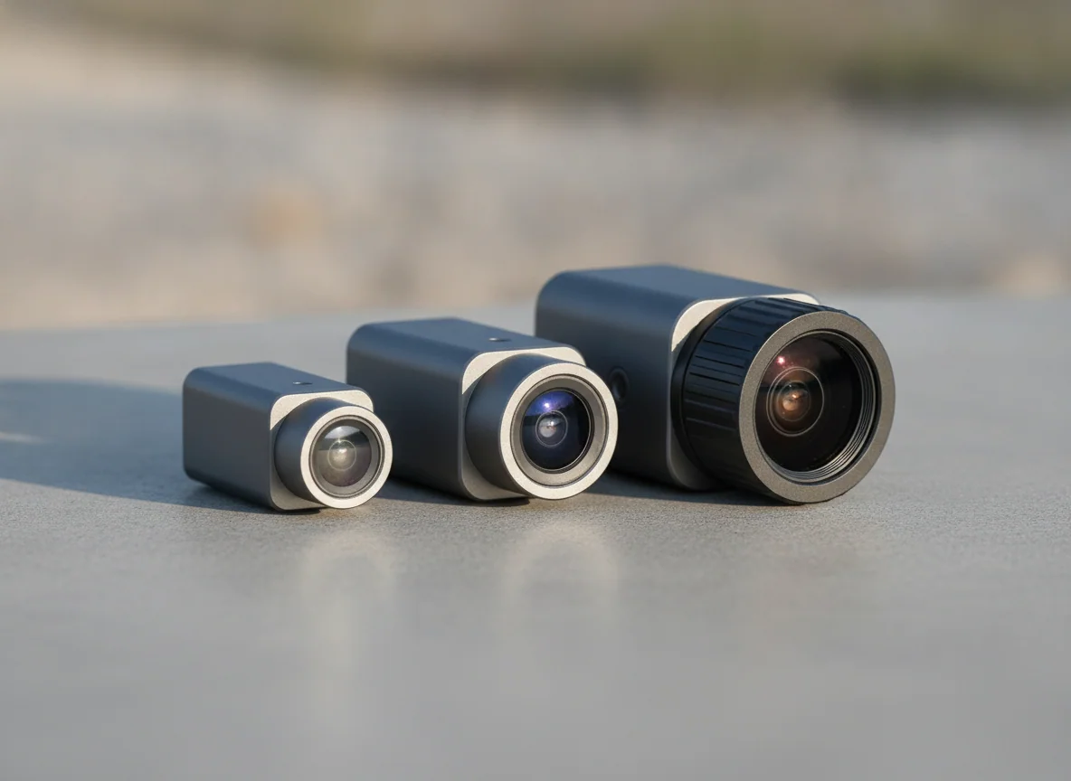 Three small drone cameras photographed together, each lens progressively larger