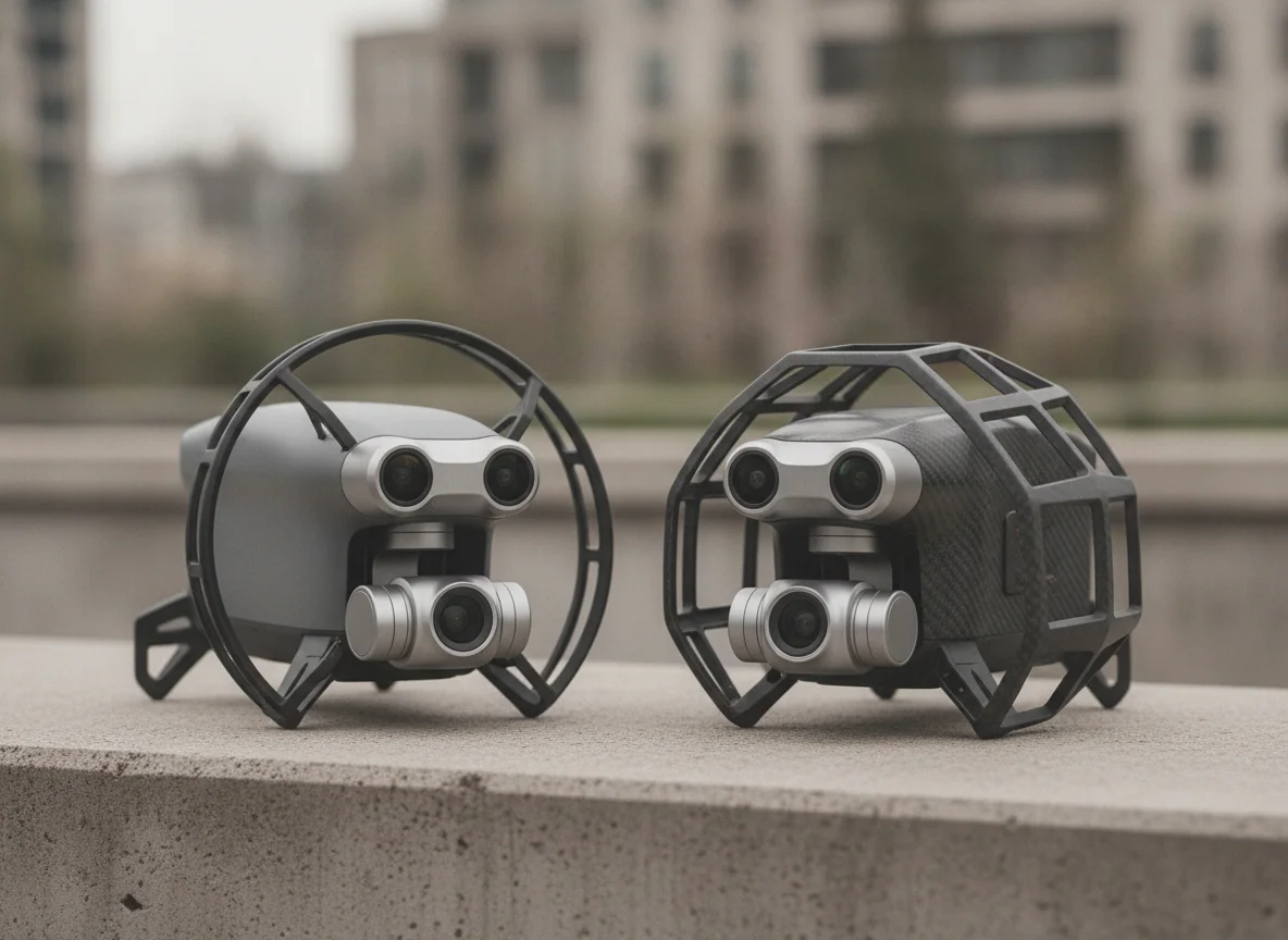 Two drones with rounded twin-lens cameras side by side, showing their different body and guard shapes
