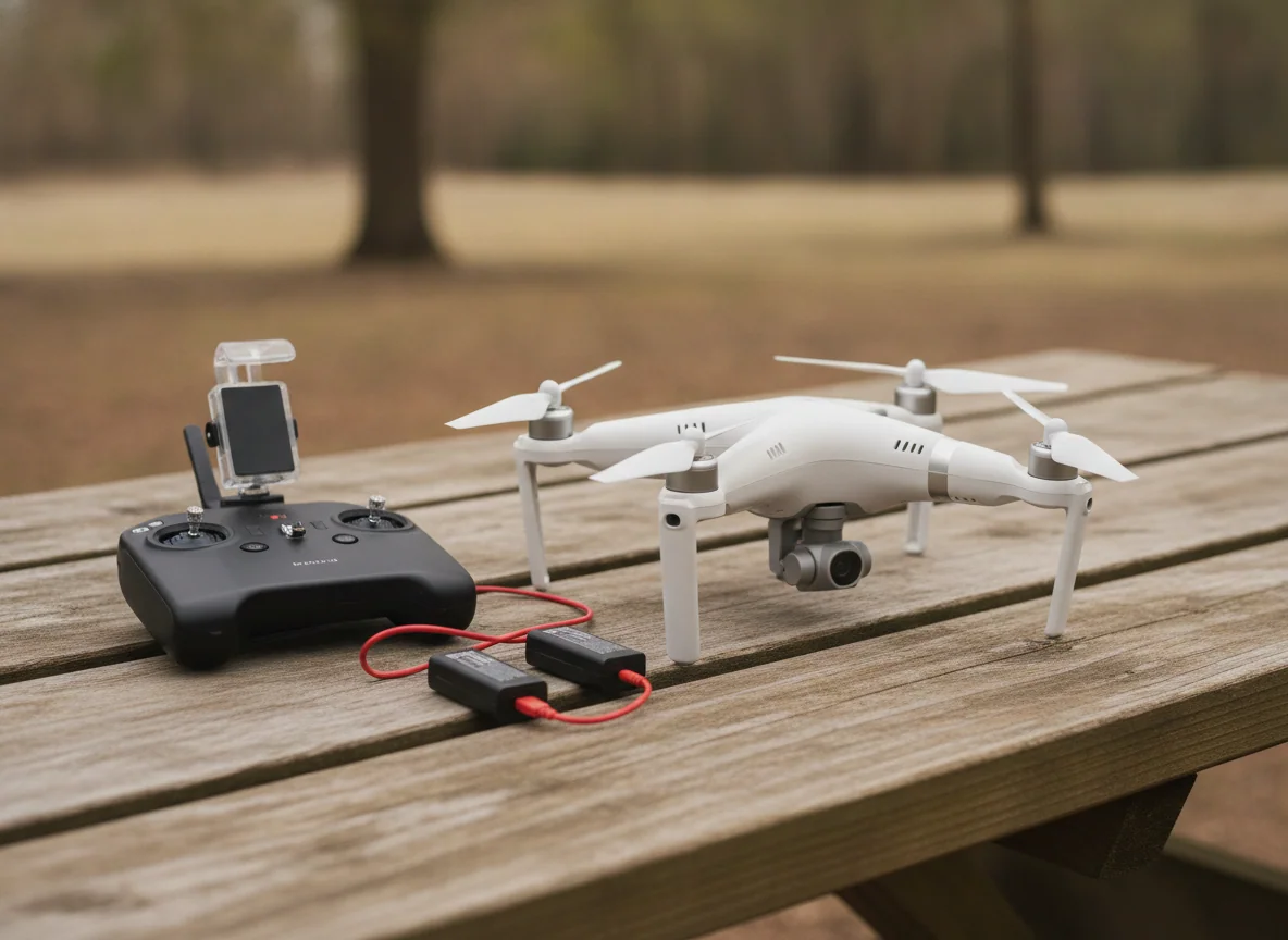 A budget drone and its plastic controller laid out on a picnic table with two small batteries and a phone clip