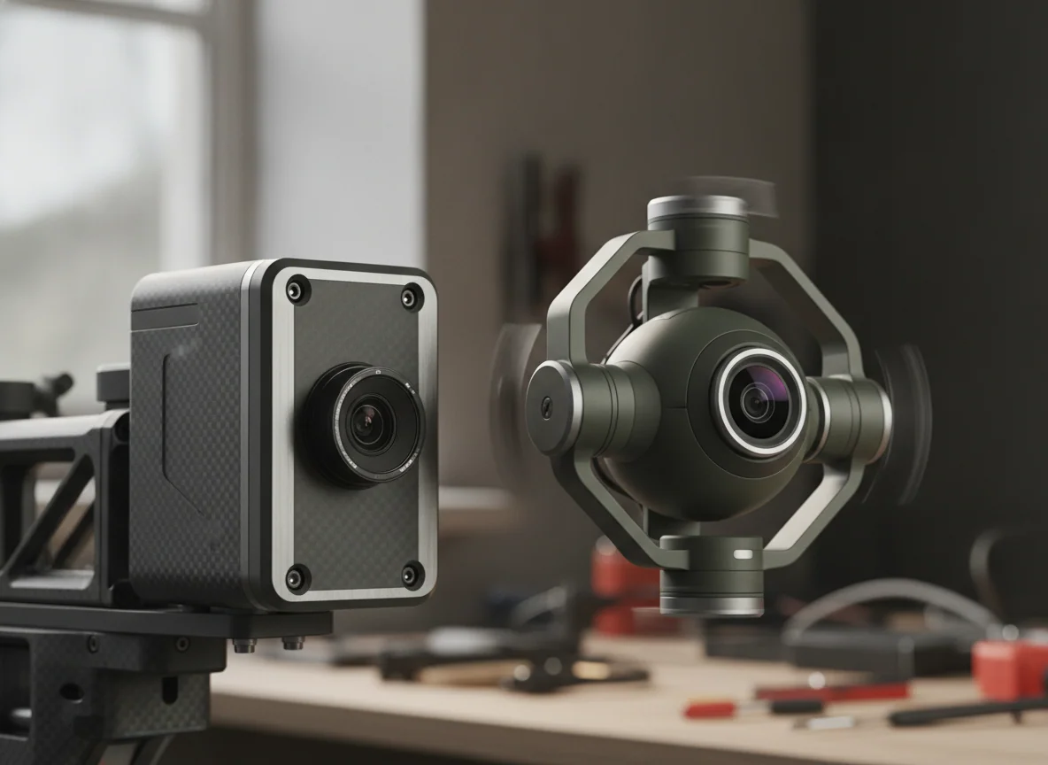 Two drone camera housings photographed close, one rigid and one mounted on a moving gimbal