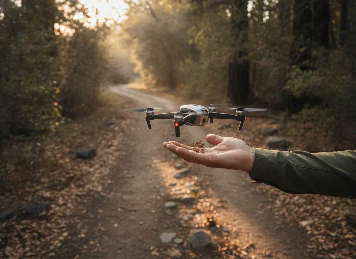 A palm-sized self-flying drone lifting off from an open hand at the edge of a trail