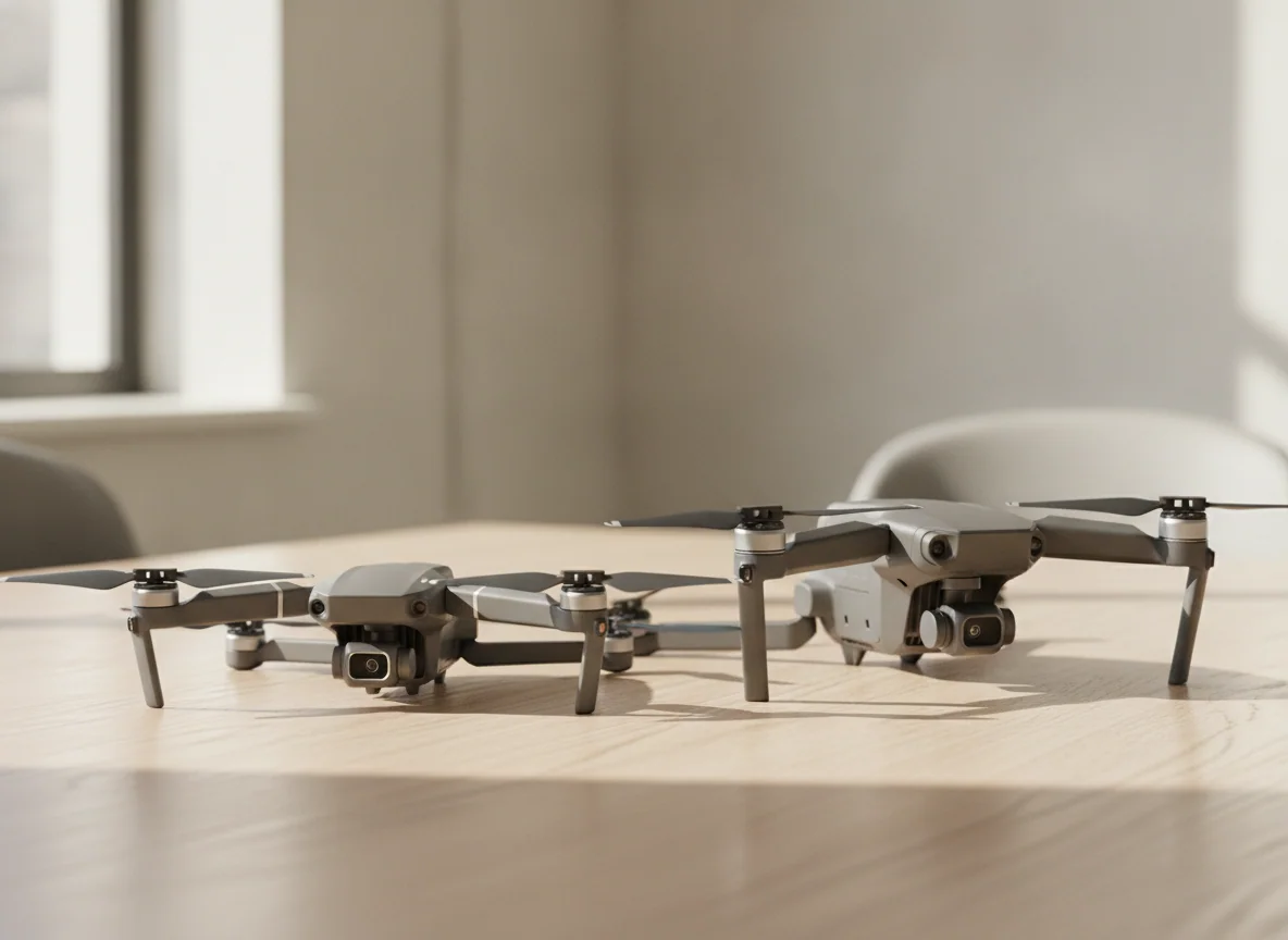 Two folding drones side by side on a table, one noticeably smaller, both with their arms extended and propellers still