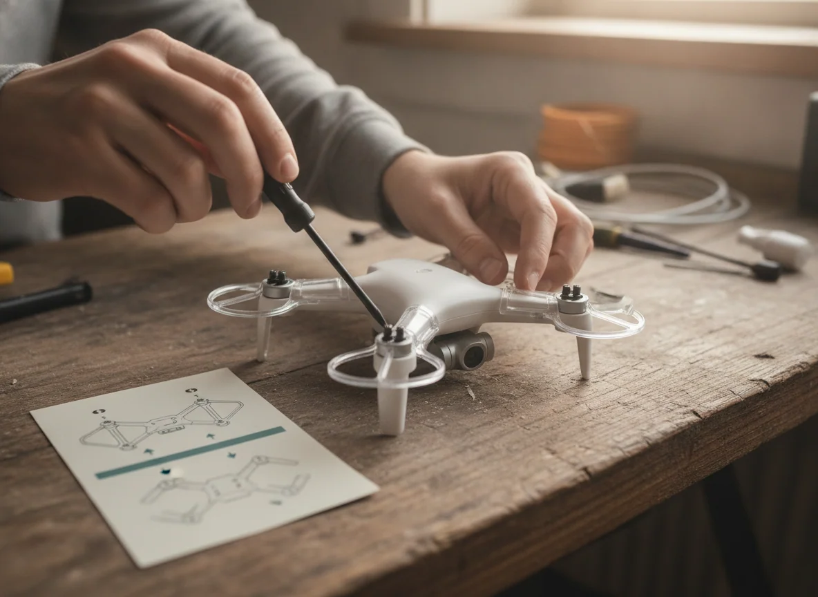 Hands attaching propeller guards to a small beginner drone on a bench with the instruction card set aside
