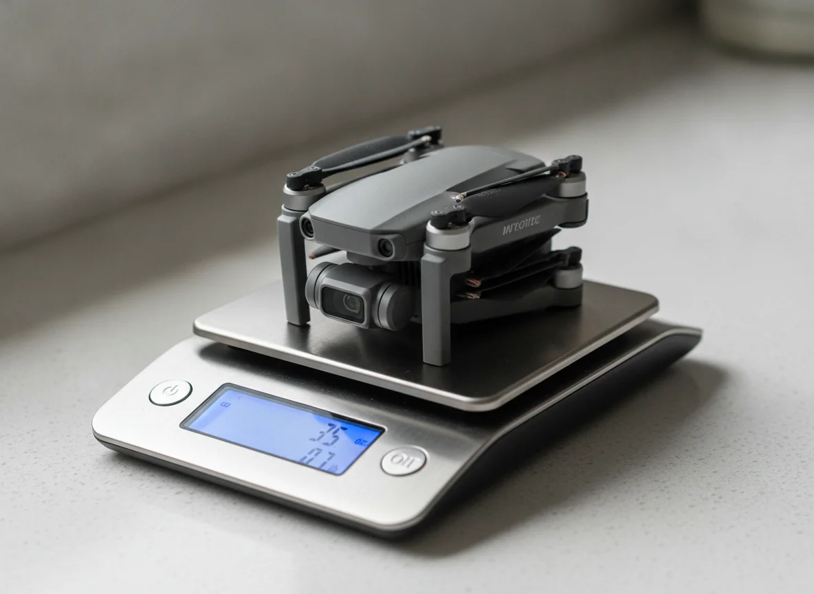 A tiny folding drone sitting on a kitchen scale showing a low reading, arms folded, propellers tucked in