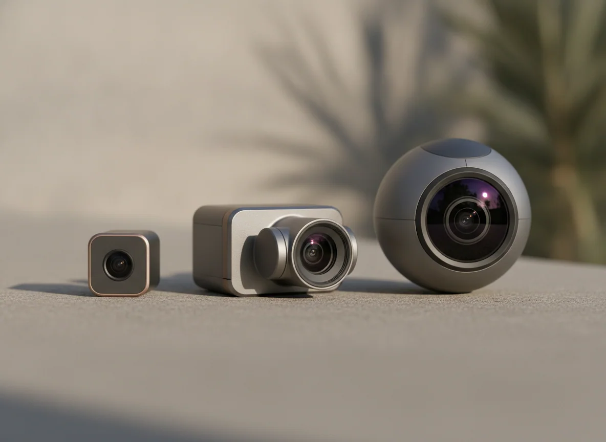 Three small drone cameras photographed together, each lens progressively larger