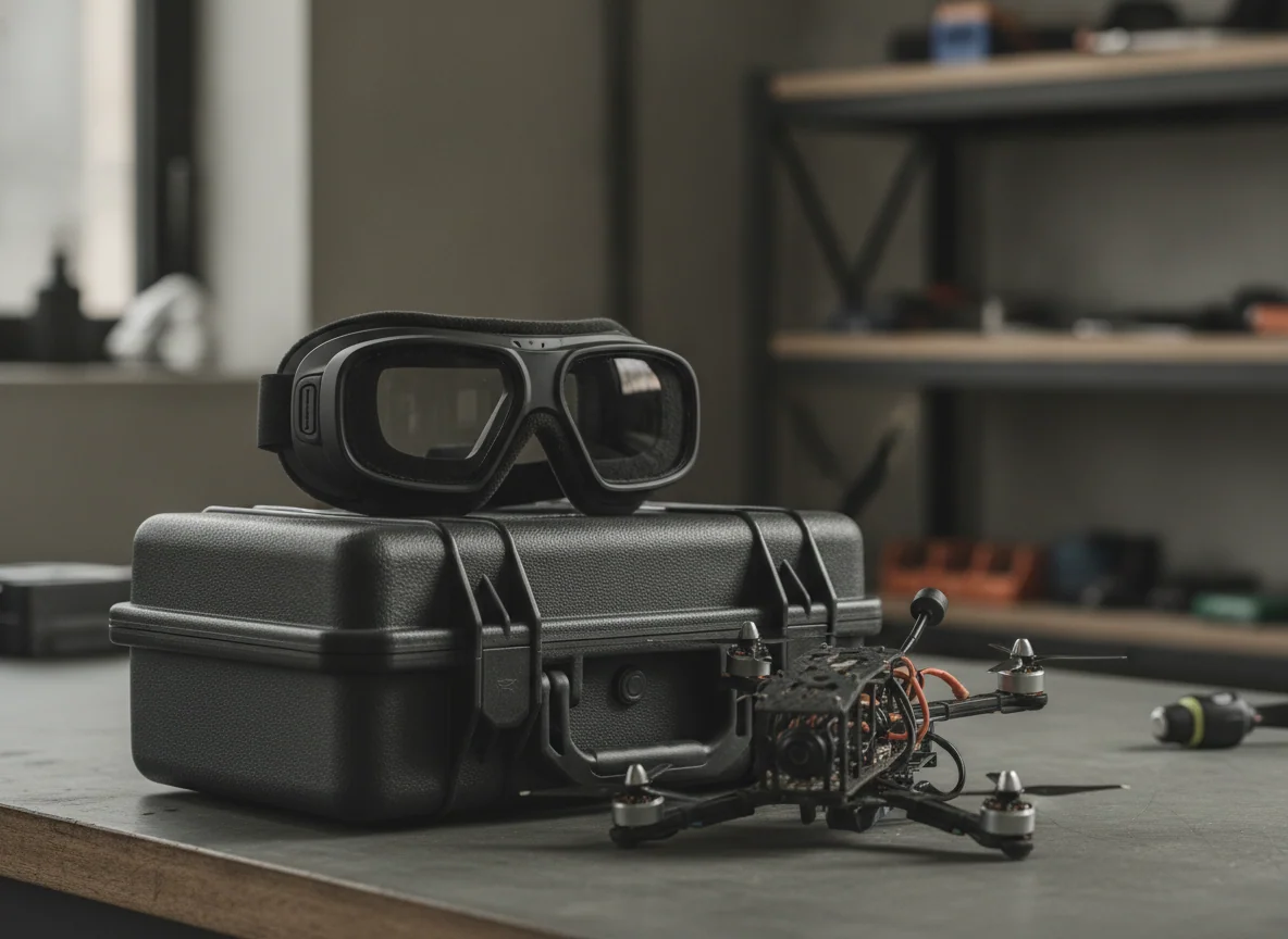 A pair of drone video goggles resting on a case beside a caged FPV quadcopter with exposed motors