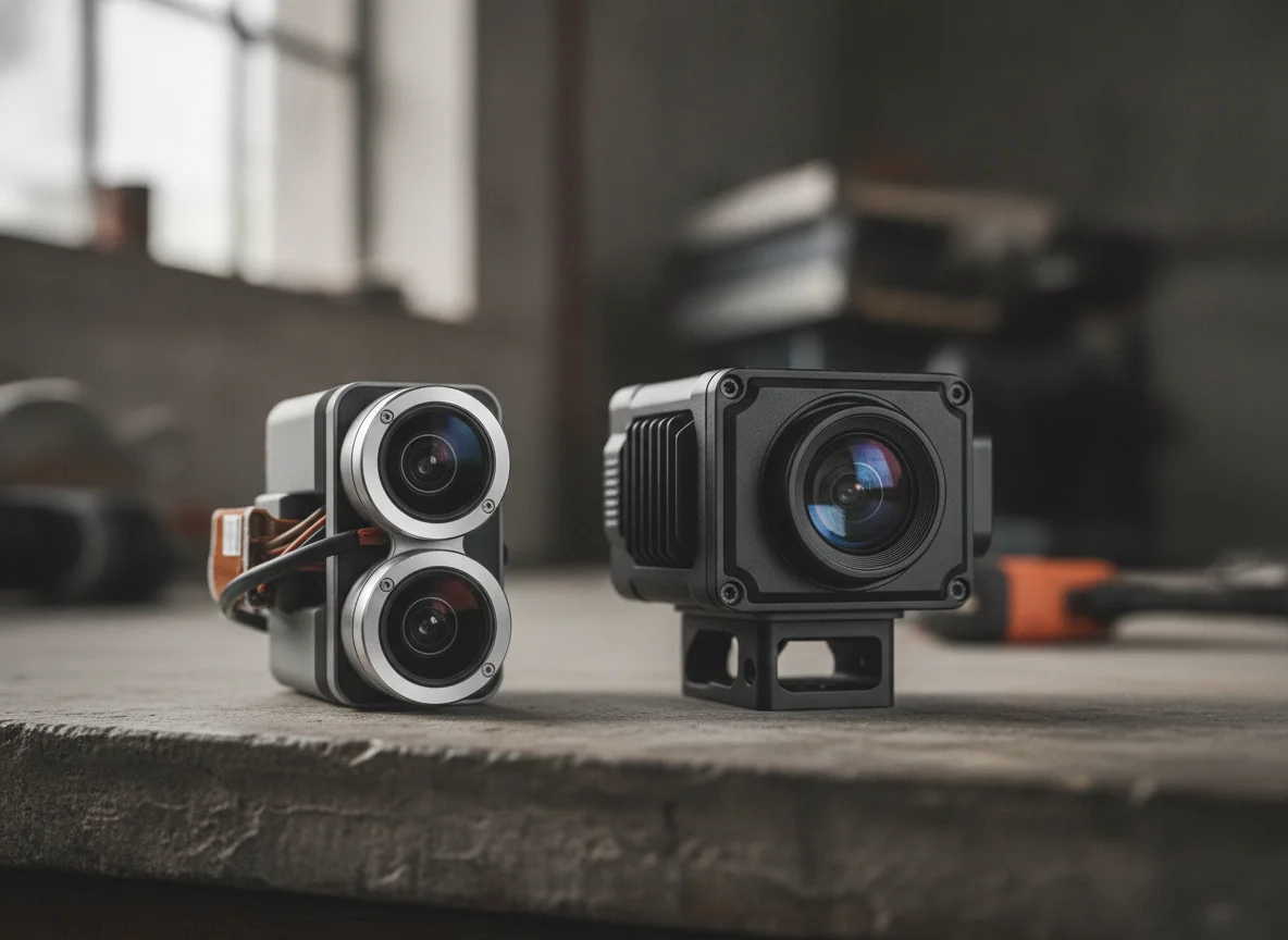 The camera assemblies of two drones photographed close, one with two lenses and one with a single larger lens