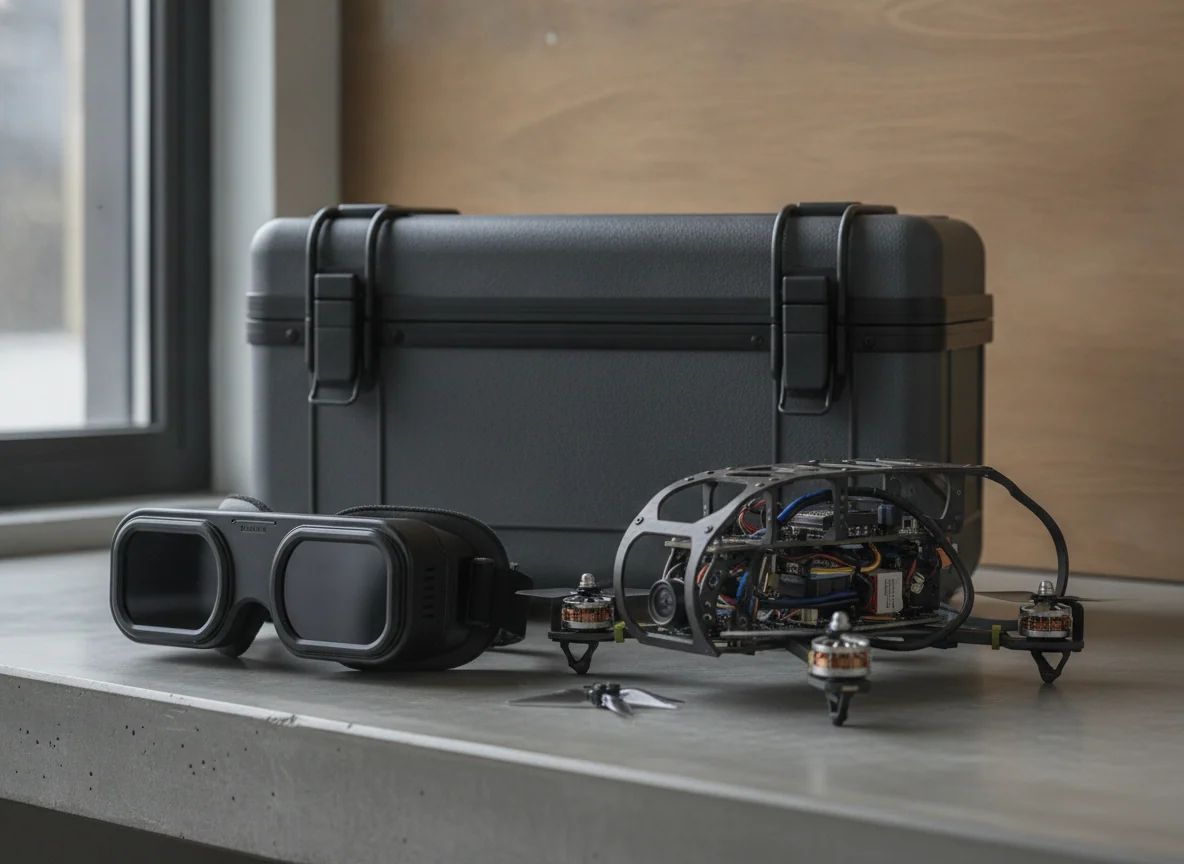 A pair of drone video goggles resting on a case beside a caged FPV quadcopter with exposed motors