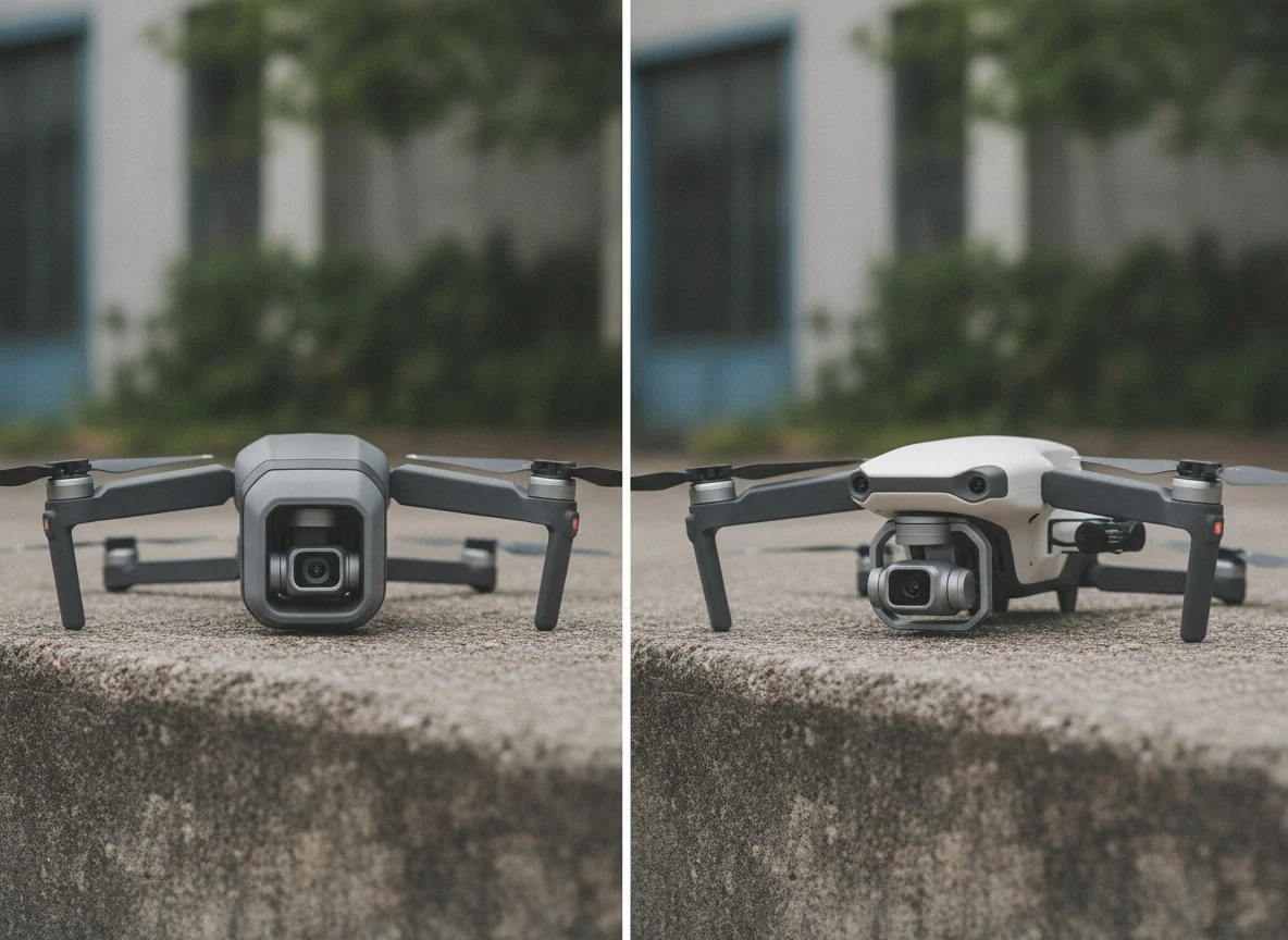 Two budget drones side by side showing the difference between a fixed camera housing and a small gimbal