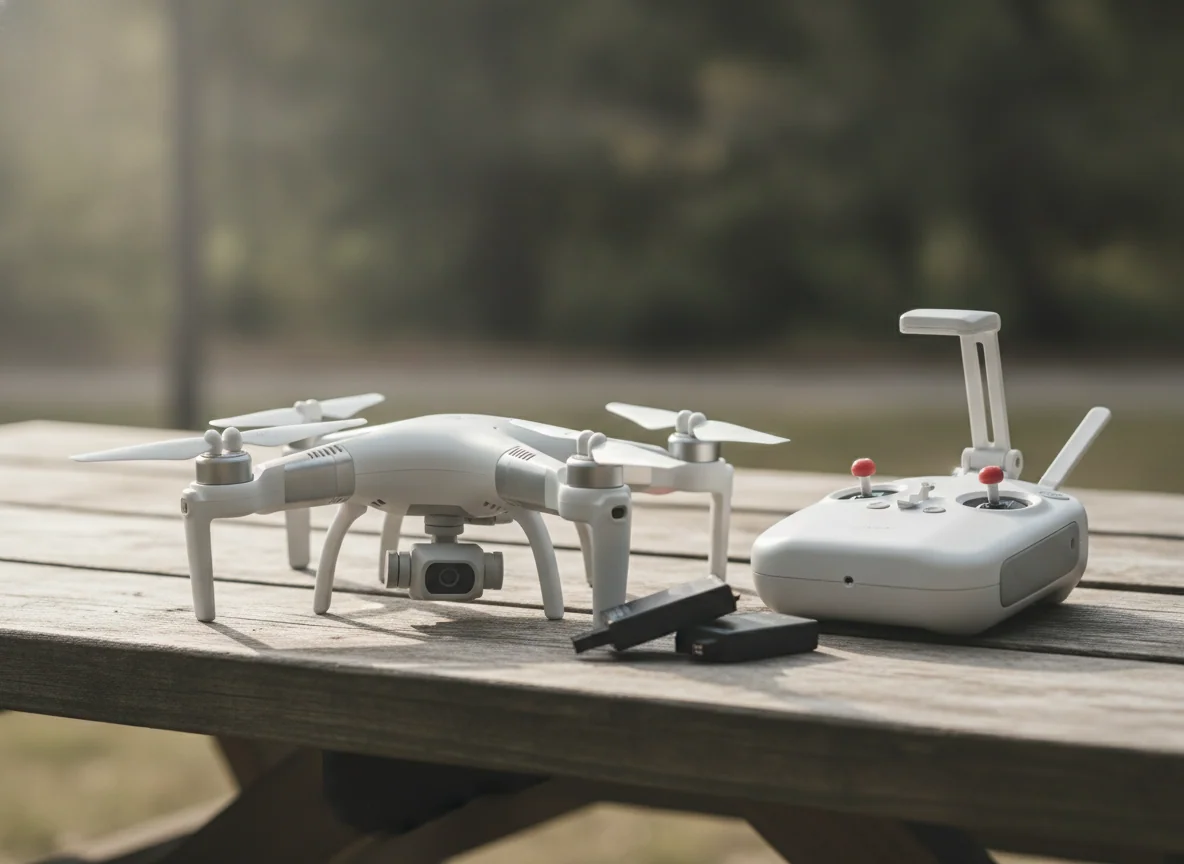 A budget drone and its plastic controller laid out on a picnic table with two small batteries and a phone clip
