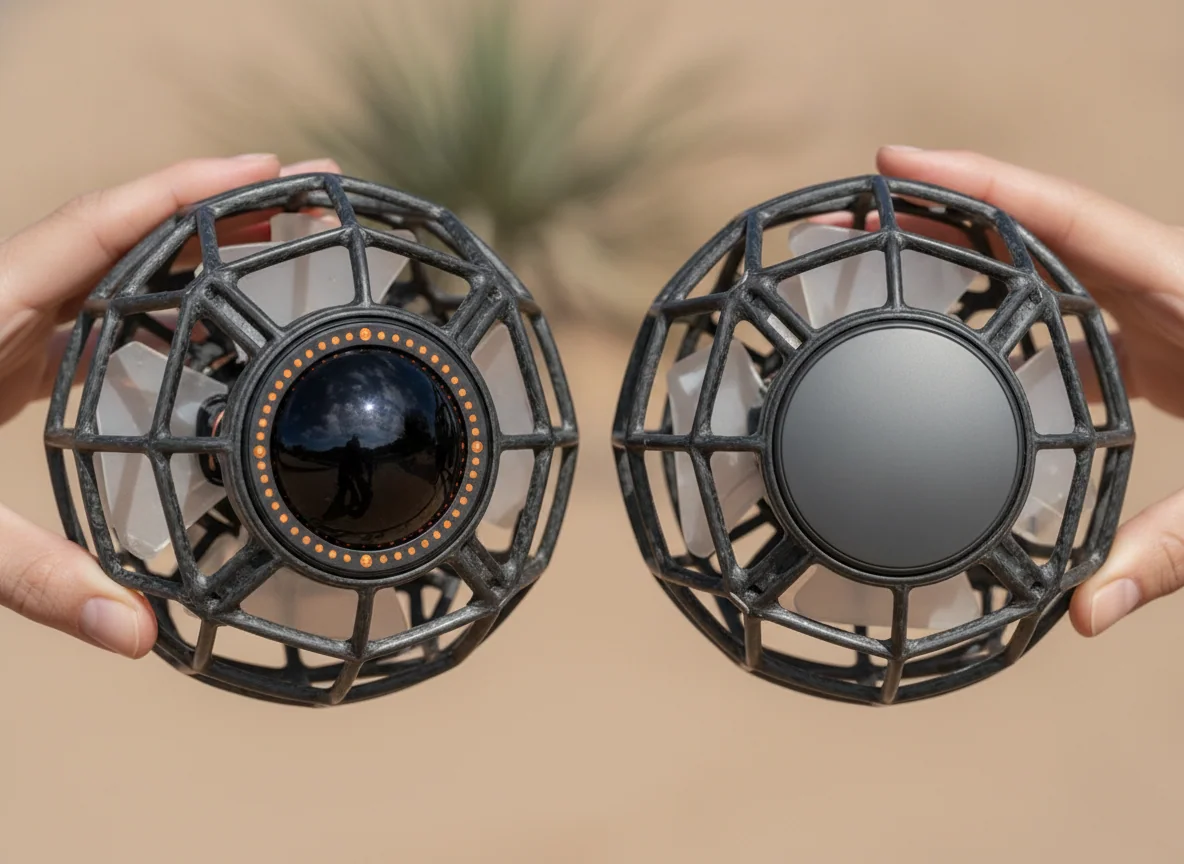 Two palm-sized caged drones held up together, one with a visible sensor on its nose