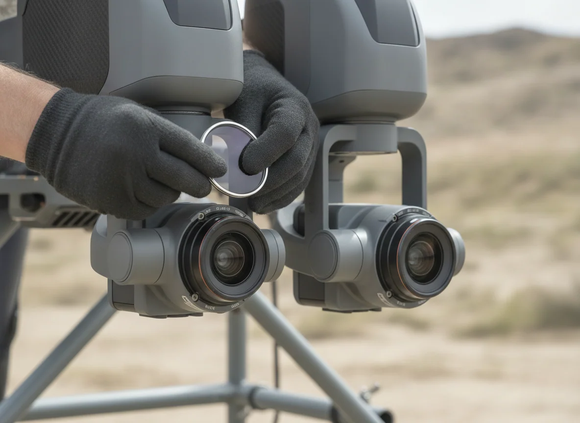 A close view of a large drone's dual gimbal cameras and a filter being fitted over the main lens