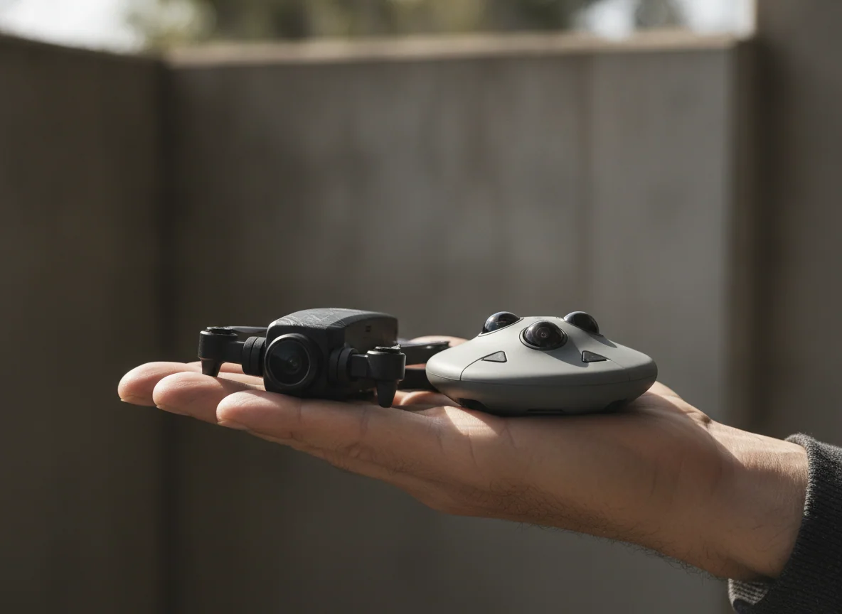 Two small drones side by side in an open hand, showing their different shapes and camera positions