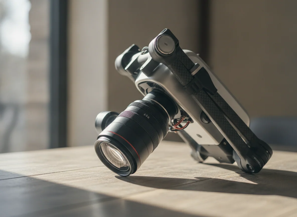 A close view of a drone's gimbal camera and large lens tilting downward while the aircraft sits on a table