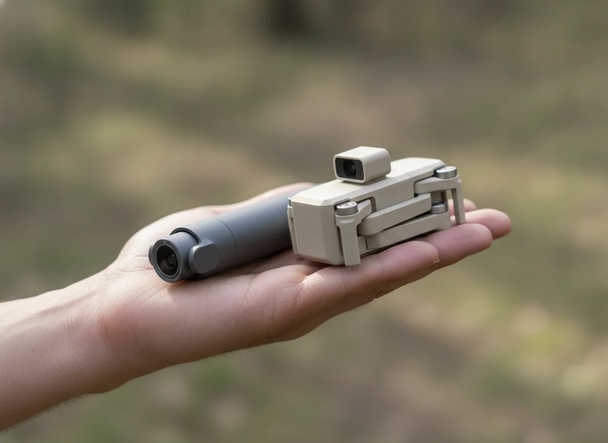 Two small drones side by side in an open hand, showing their different shapes and camera positions