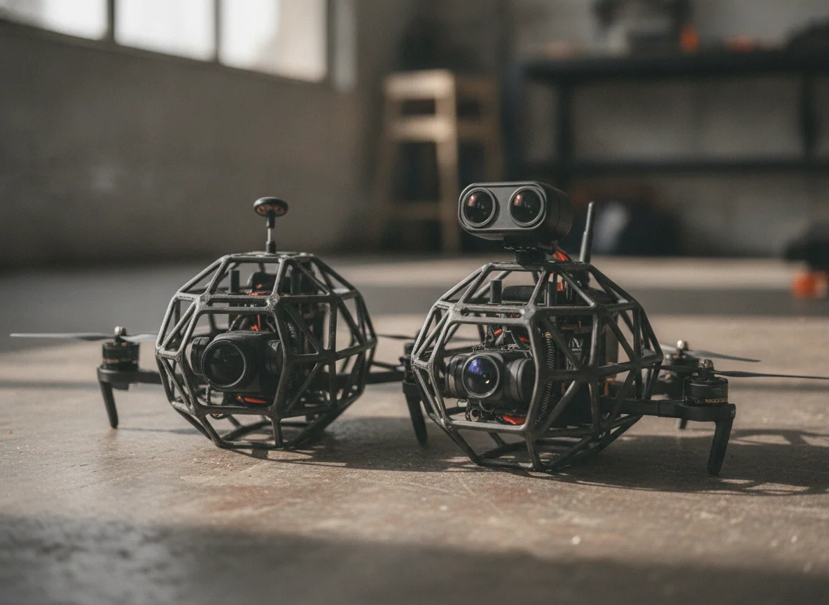 Two caged FPV drones close together, one with a forward camera and one with a rounded twin-lens camera on top