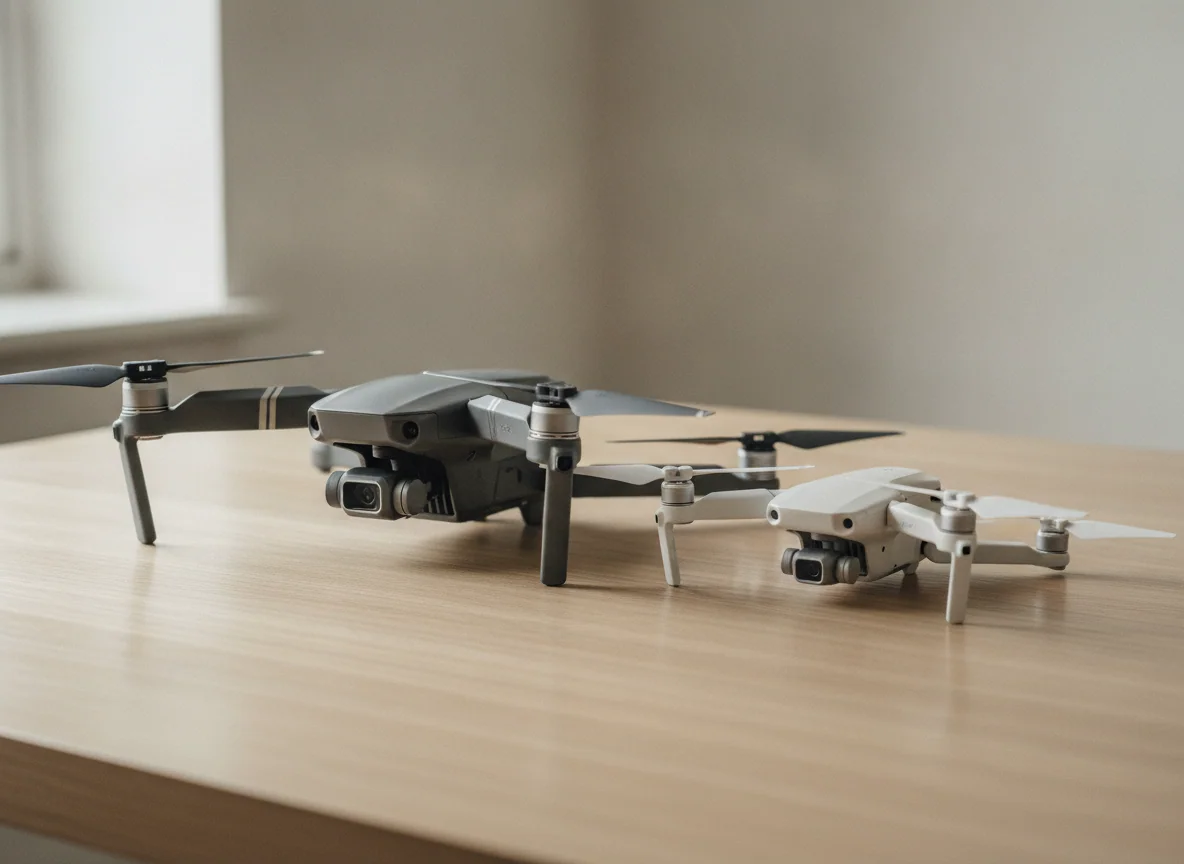Two folding drones side by side on a table, one noticeably smaller, both with their arms extended and propellers still