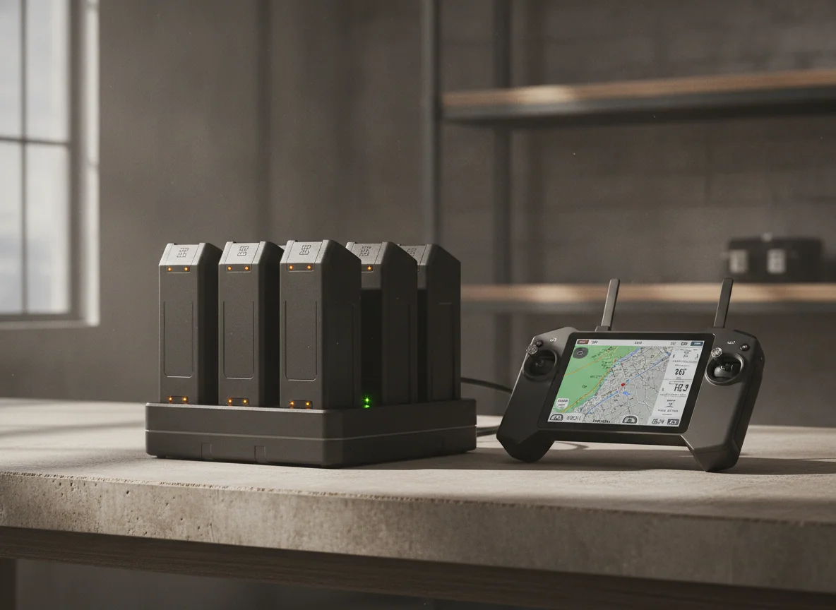 A charging hub with several large drone batteries beside a controller with a built-in screen