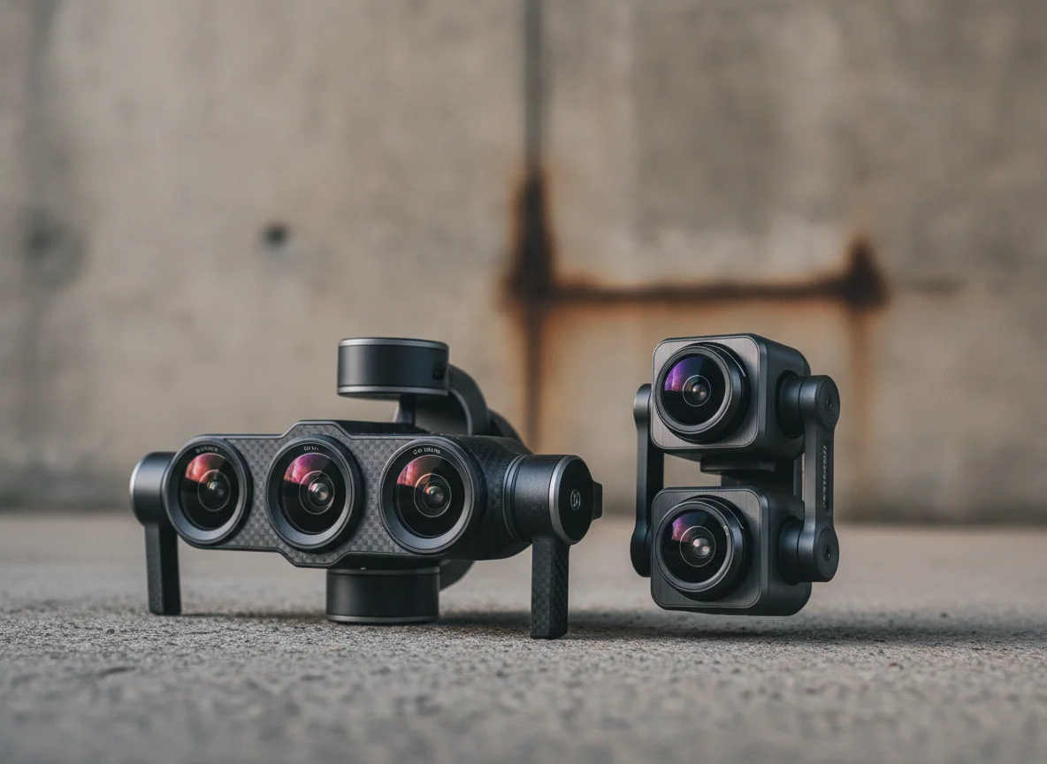 Two drone camera assemblies close together, one carrying three lenses and the other two