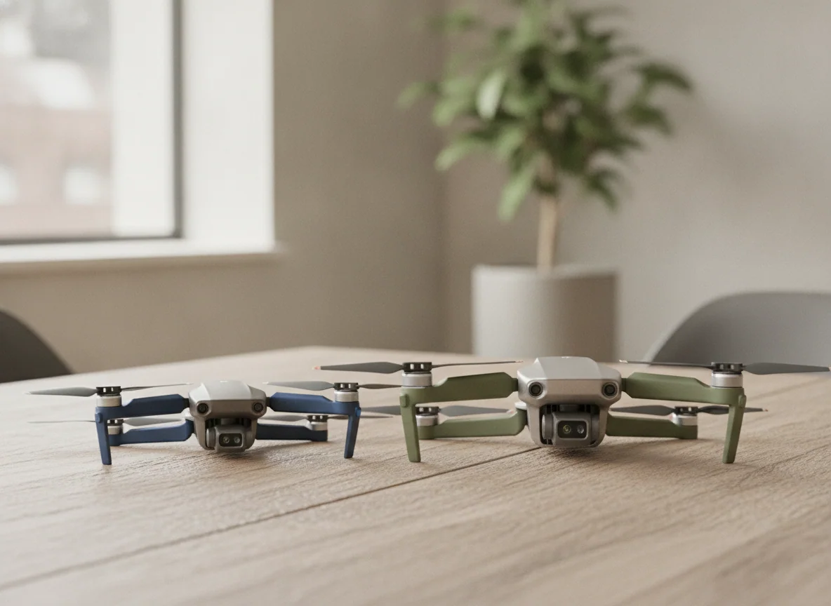 Two folding drones side by side on a table, one noticeably smaller, both with their arms extended and propellers still