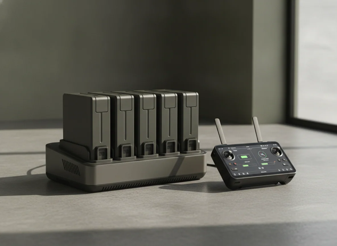 A charging hub with several large drone batteries beside a controller with a built-in screen