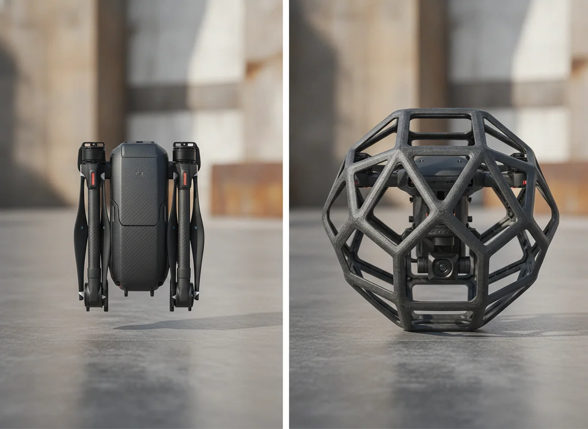 Two drones side by side with one folded flat and the other fully caged, showing their guard designs