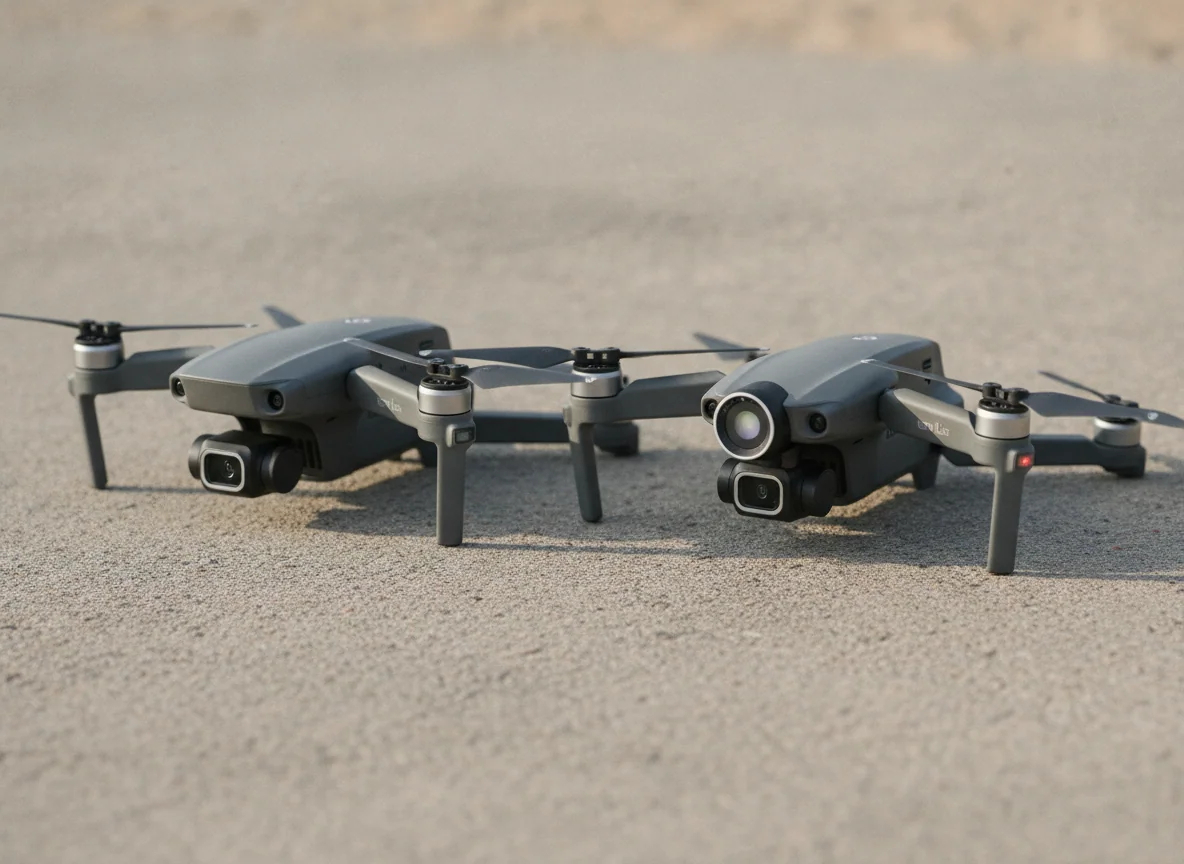 Two nearly identical compact drones close together, one with an extra sensor on the nose