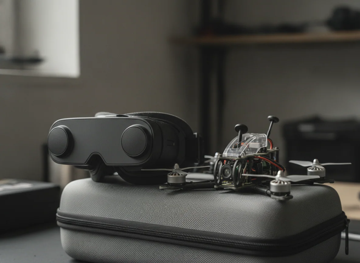 A pair of drone video goggles resting on a case beside a caged FPV quadcopter with exposed motors