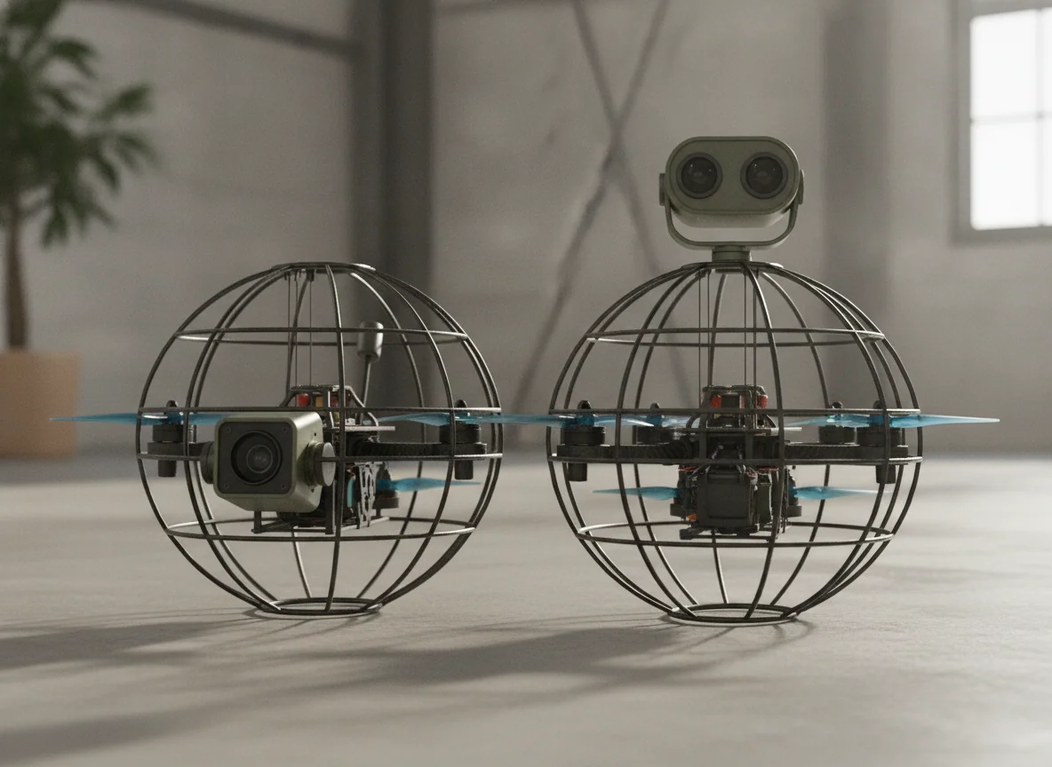 Two caged FPV drones close together, one with a forward camera and one with a rounded twin-lens camera on top