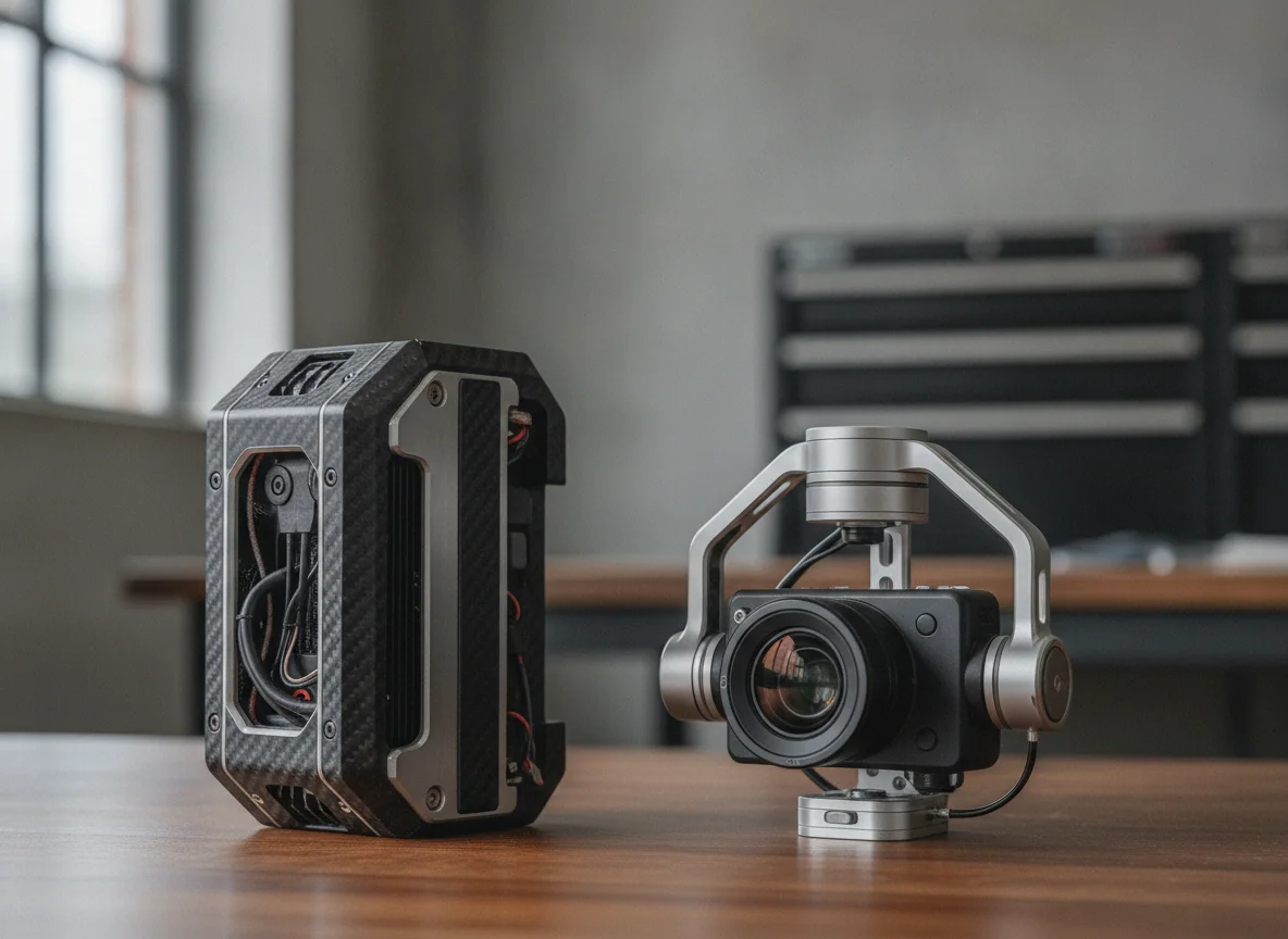 Two drone camera housings photographed close, one rigid and one mounted on a moving gimbal